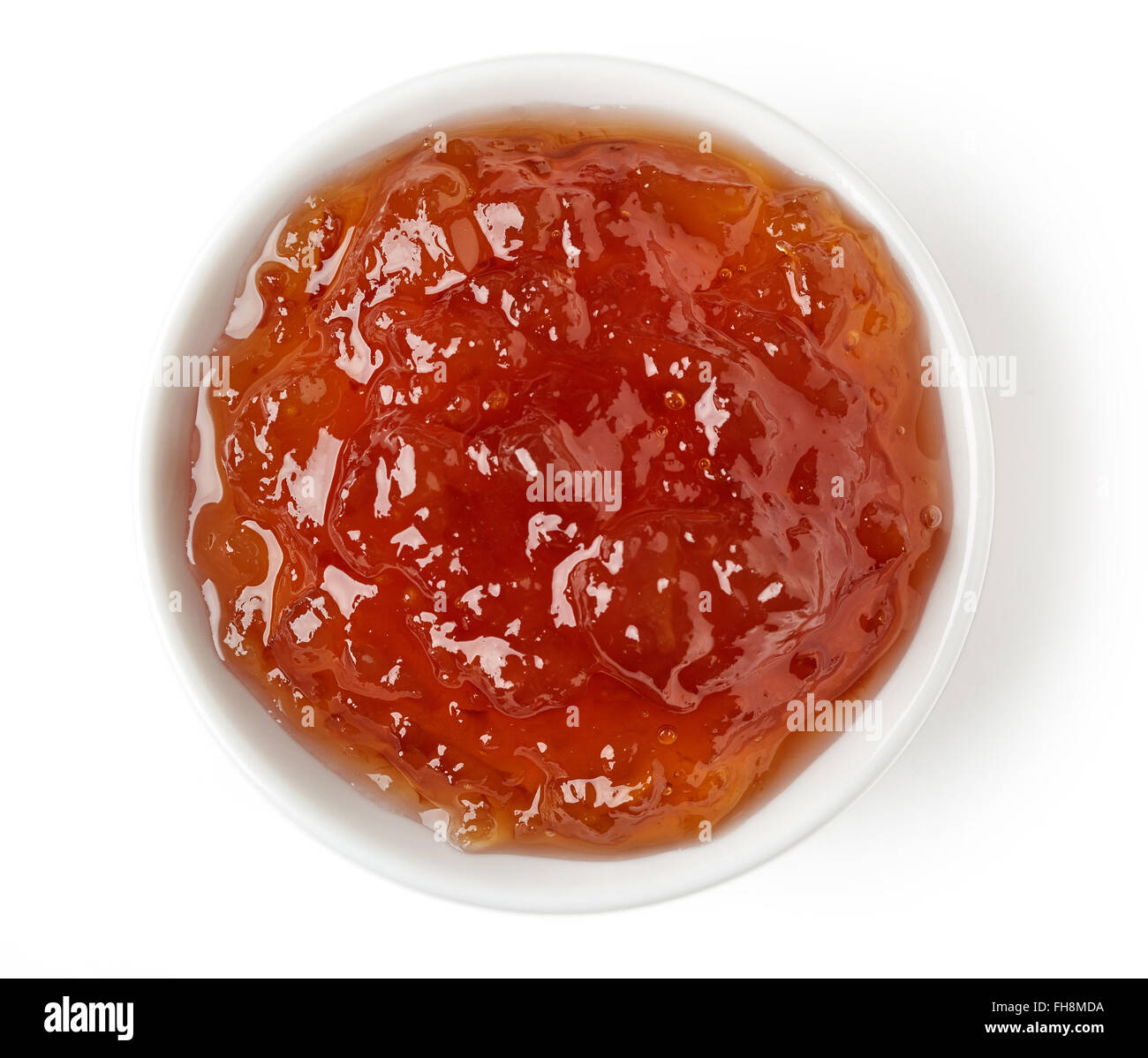 Orangenkonfitüre Marmelade in Runde Schale isoliert auf weißem Hintergrund, Ansicht von oben Stockfoto