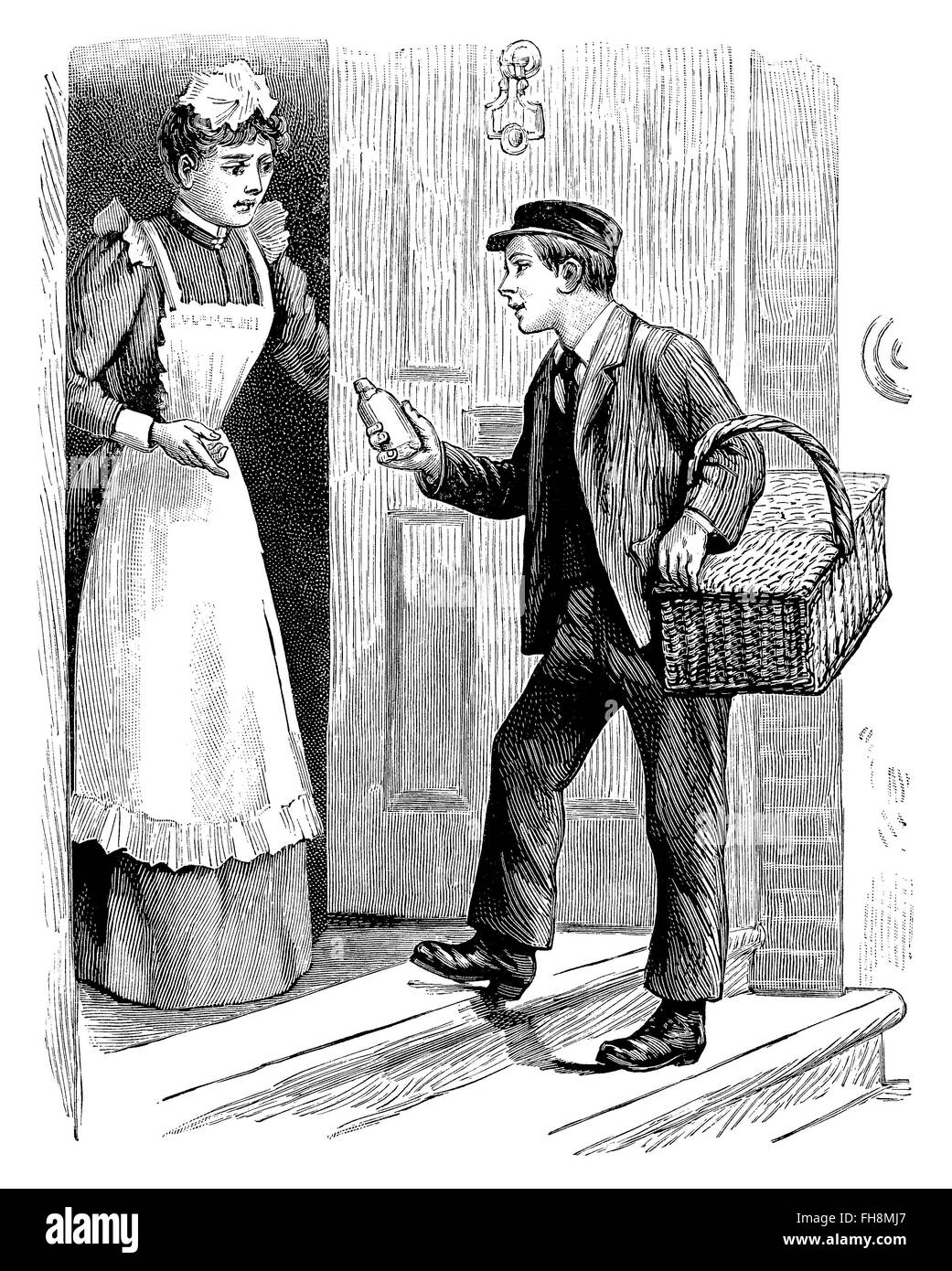 Schwarz / weiß Gravur von viktorianischen oder edwardianischen Bote und ein Hausmädchen in einer Tür stehe. Stockfoto