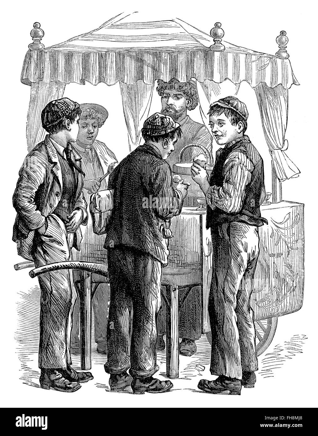 Schwarz / weiß-Gravur der viktorianischen oder edwardianischen jungen an einem Eis-stand. Stockfoto