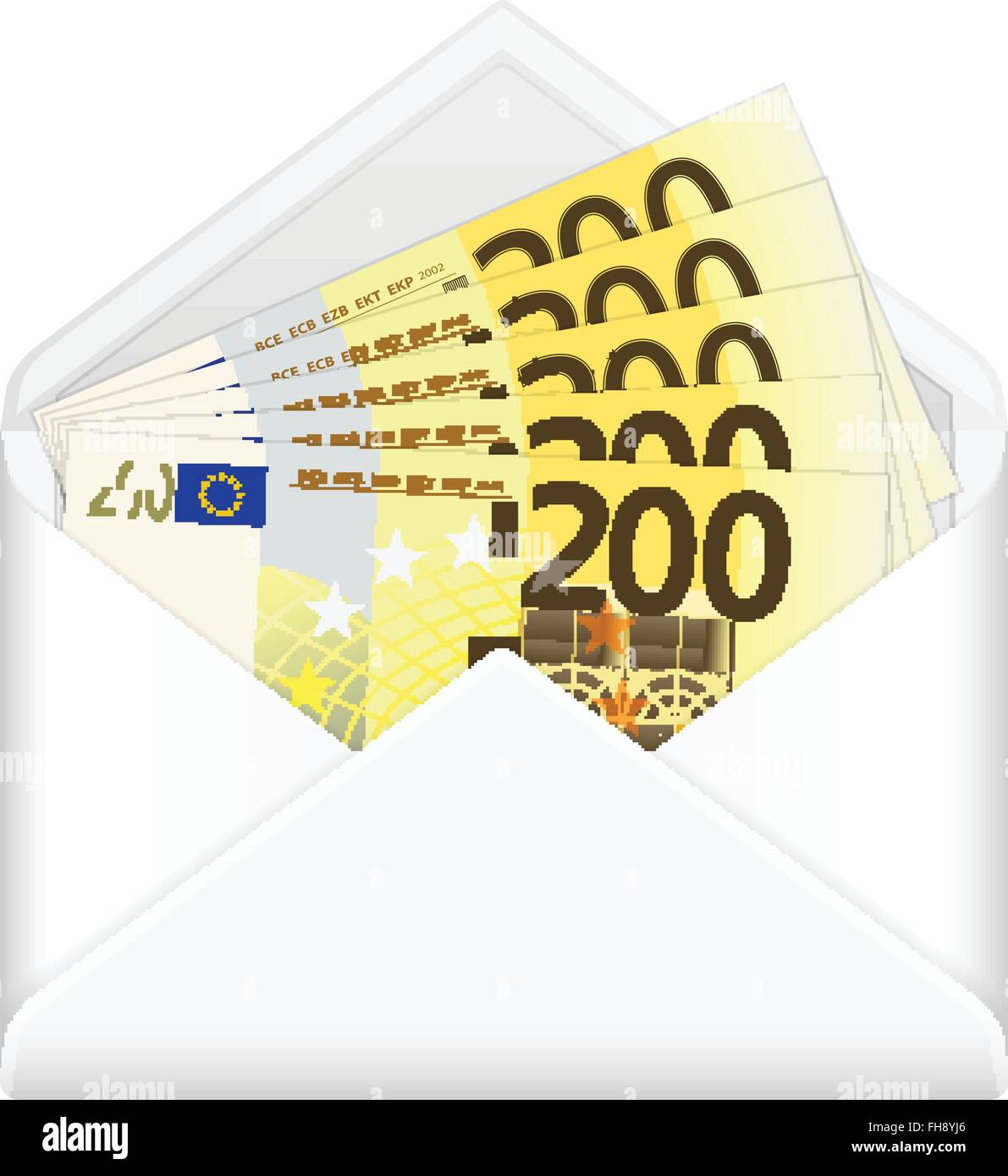 Geöffneten Umschlag mit zweihundert Euro-Banknoten auf einem weißen Hintergrund. Vektor-Illustration. Stock Vektor