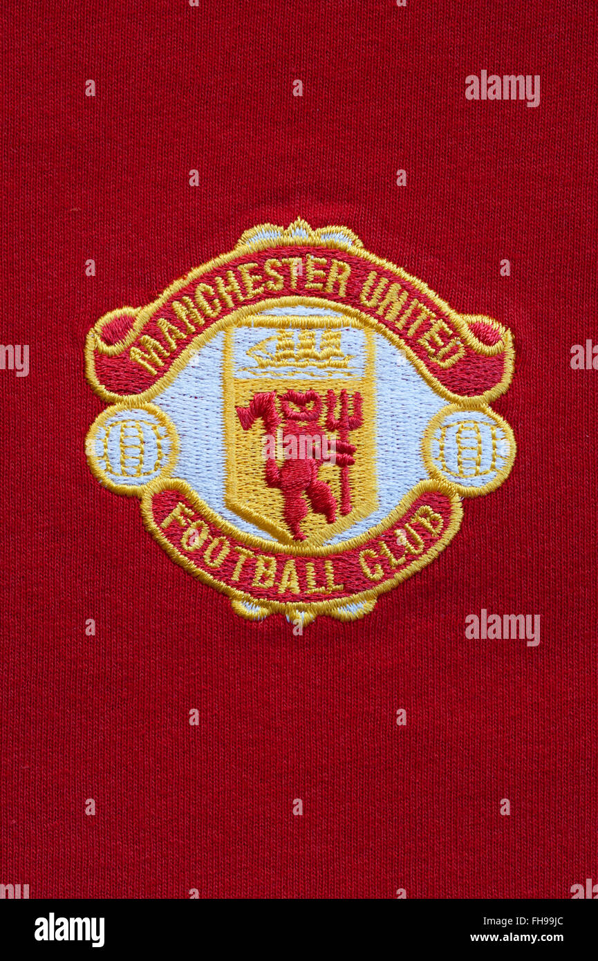 Nahaufnahme eines traditionellen Manchester United Football Club Badge Stockfoto