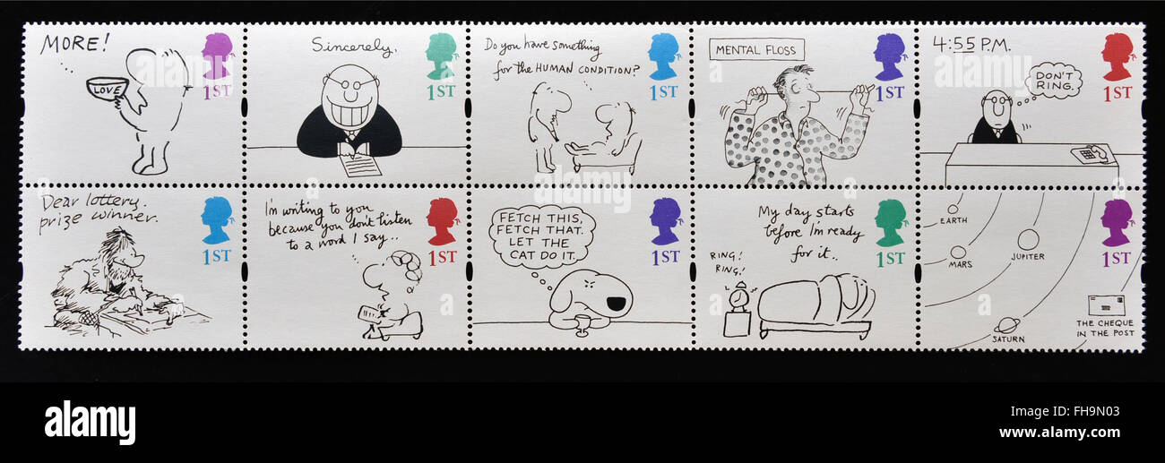 Briefmarken. Great Britain. Königin Elizabeth II. 1996. Grüße Briefmarken. Karikaturen. Zusammendrucke Block 10 Briefmarken. 1.. Stockfoto