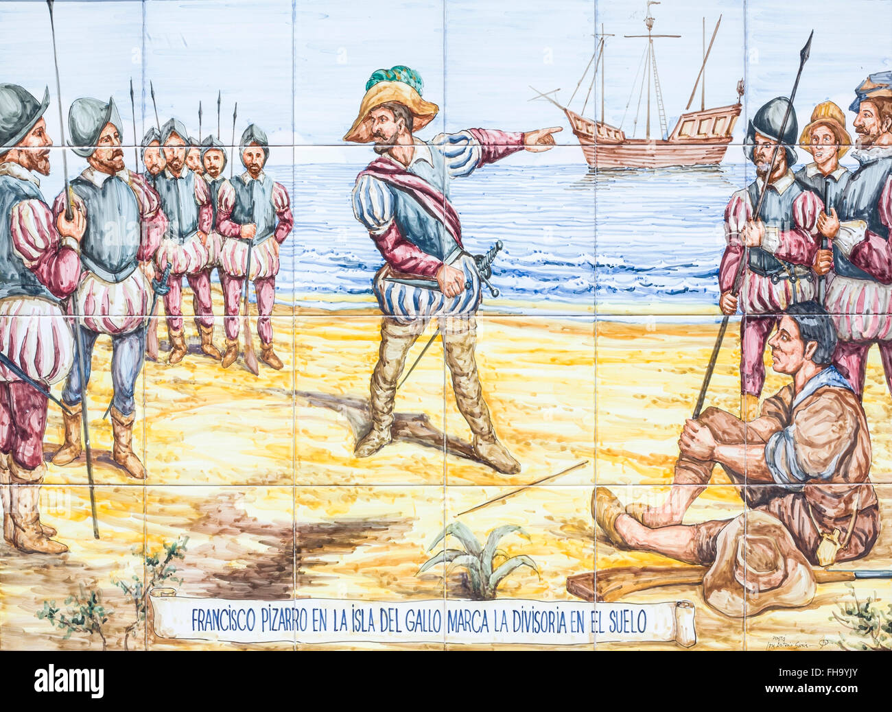 BADAJOZ, SPANIEN, APRIL 16, 2015: Francisco Pizarro auf der Insel del Gallo, in den Sand gezeichnet für den berühmten 13 Stockfoto