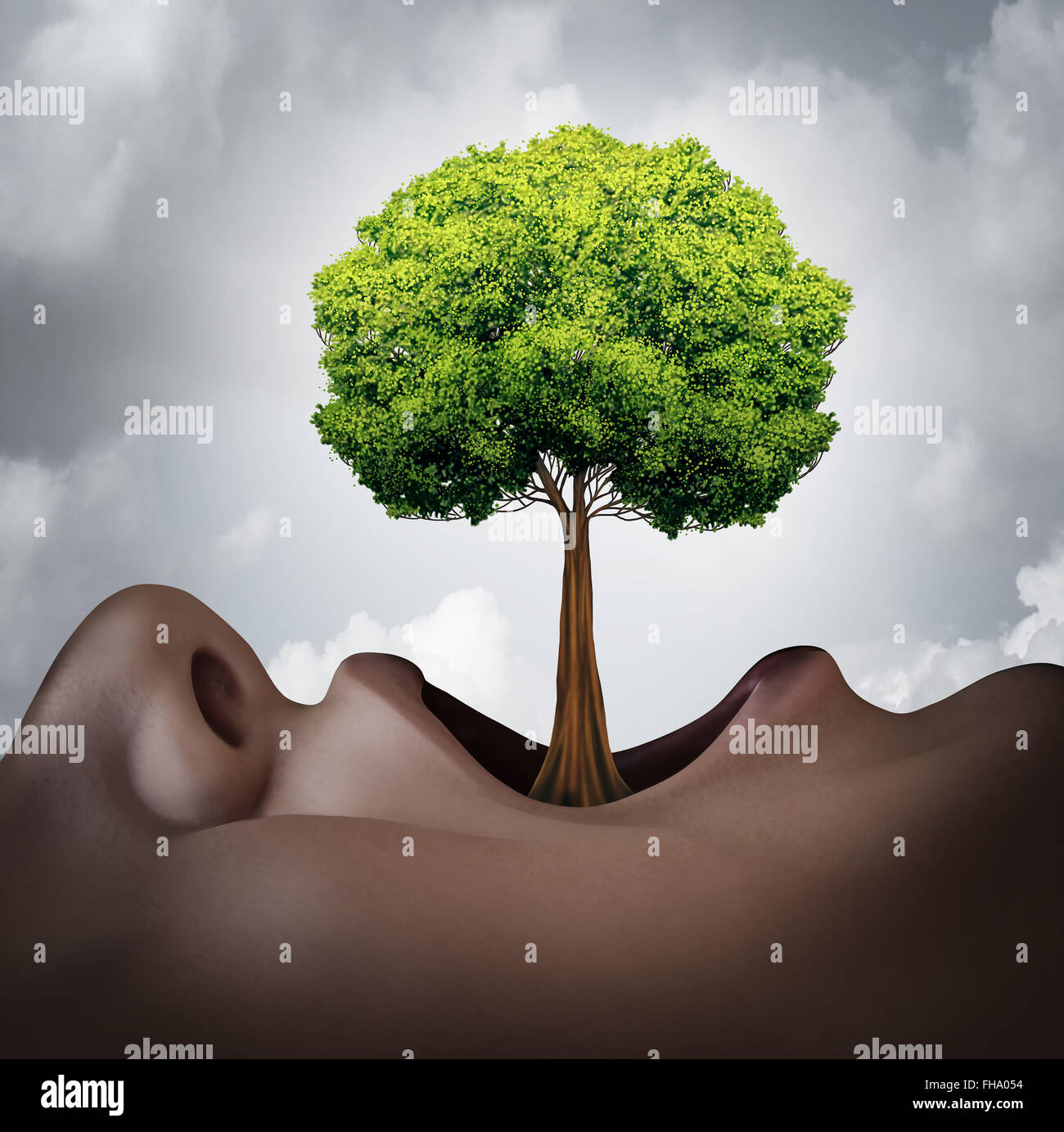 Ihr Wortschatz-Konzept und Sprachtherapie-Symbol wachsen als menschliche offenen Mund mit ein Baum wächst wie eine Zunge als Metapher für Sprache Grammatik und Stimme Wachstum. Stockfoto