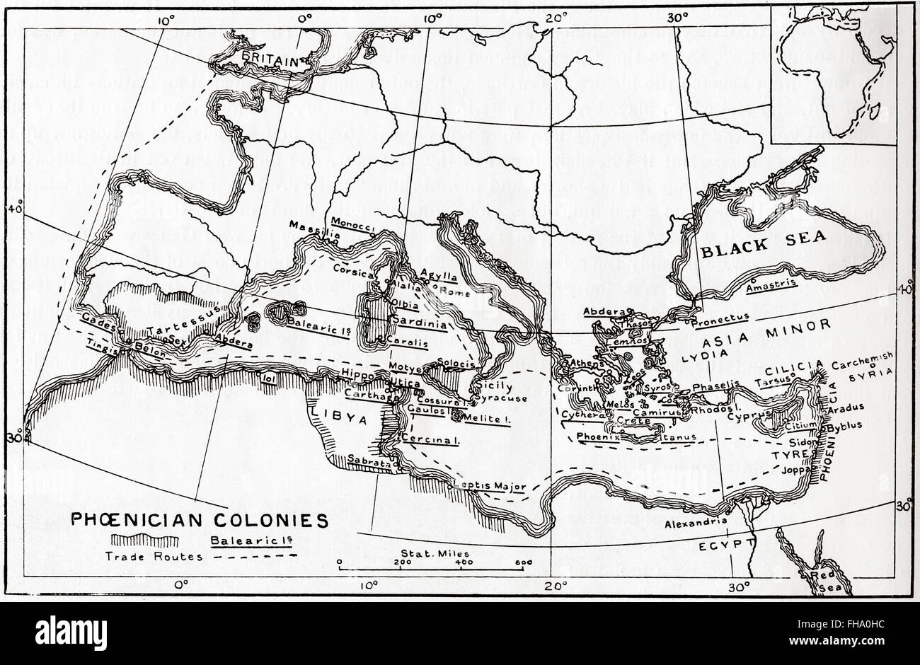 Karte der phönizischen Handelsrouten und Kolonien, ca. 1000 v. Chr. Stockfoto