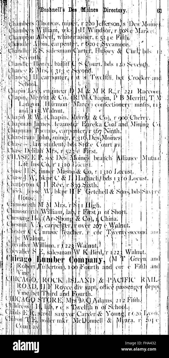 Das 1876 des Moines and Polk County City Directory enthält eine detaillierte Aufzeichnung der Einwohner, Unternehmen und Dienstleistungen in des Moines, Iowa während dieser Zeit. Stockfoto