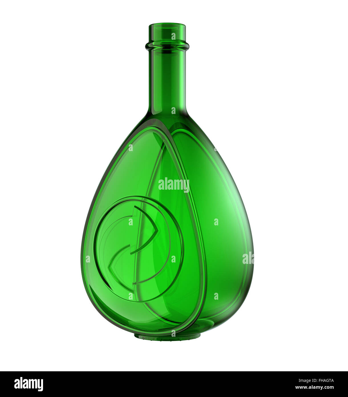 Grüne Flasche Whisky oder Cognac mit recycling-Zeichen isoliert auf weiss Stockfoto