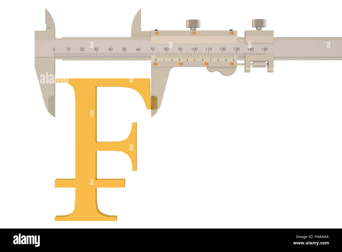 Schweizer Franken mit Vernier Bremssattel isoliert auf weißem Hintergrund Stockfoto