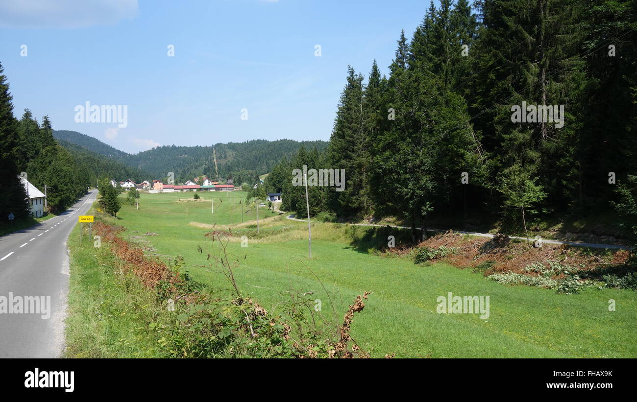 Auf dem Lande in Kroatien ist eine krumme Powerline Überfahrt über das grüne Feld. Stockfoto