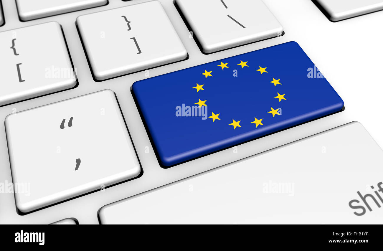 Europäischen Union Digitalisierung und Einsatz von digitalen Technologien Konzept mit der EU Flagge auf einem Computer Schlüssel. Stockfoto