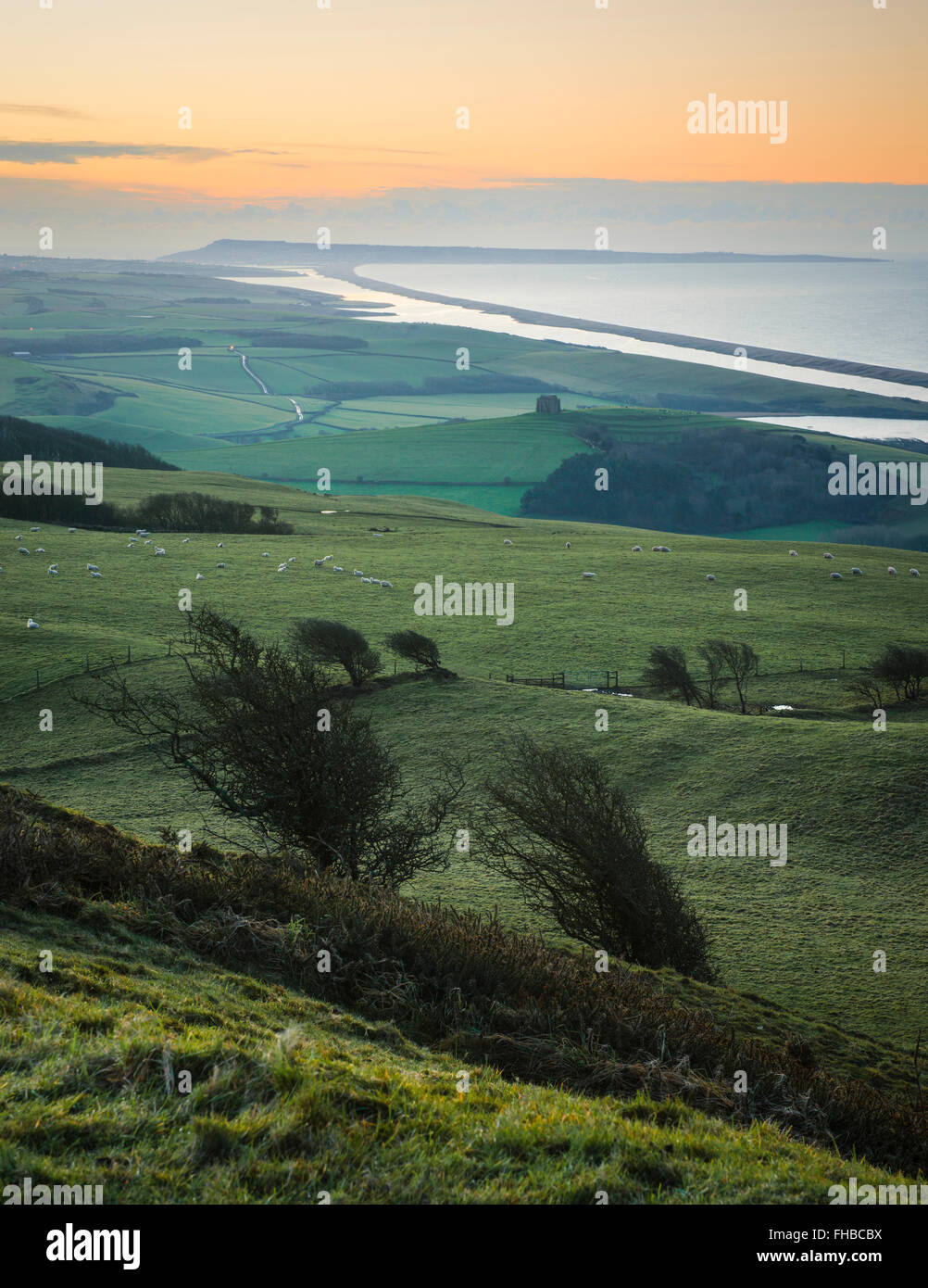 Sonnenaufgang über St. Catherines Kapelle, Chesil Beach und Portland von Abbotsbury Hügel, Dorset, England, Vereinigtes Königreich, Europa Stockfoto