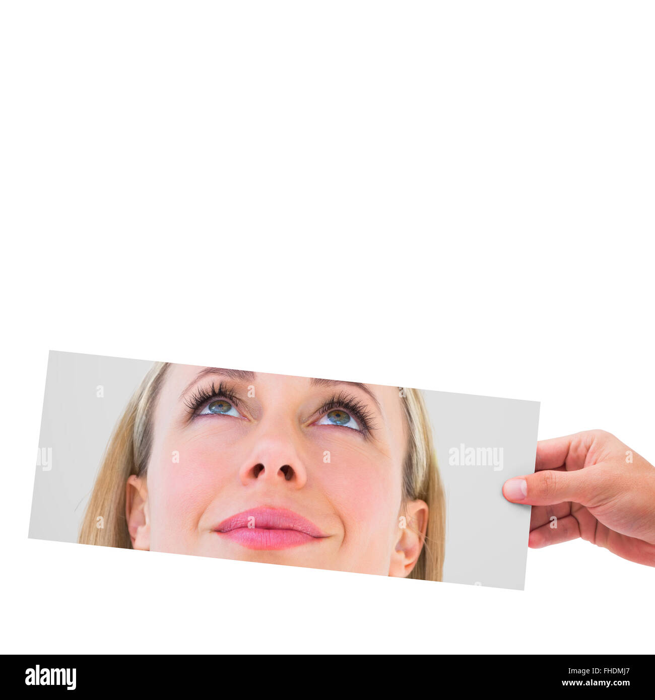 Hände mit Foto der lächelnde Frau Stockfoto