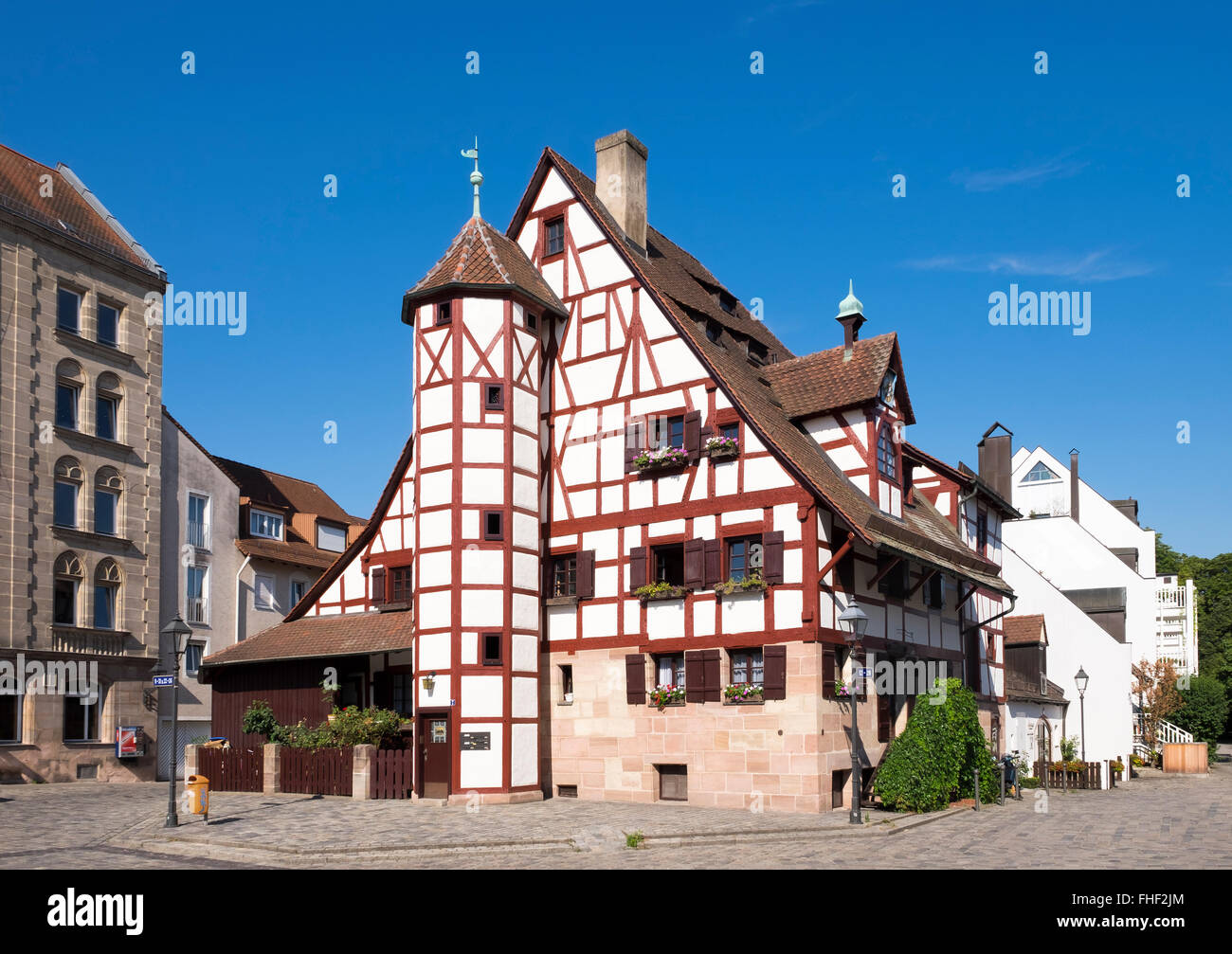 Historisches Fachwerkhaus in Kleinweidenmühle, Nürnberg, Mittelfranken, Franken, Bayern, Deutschland Stockfoto