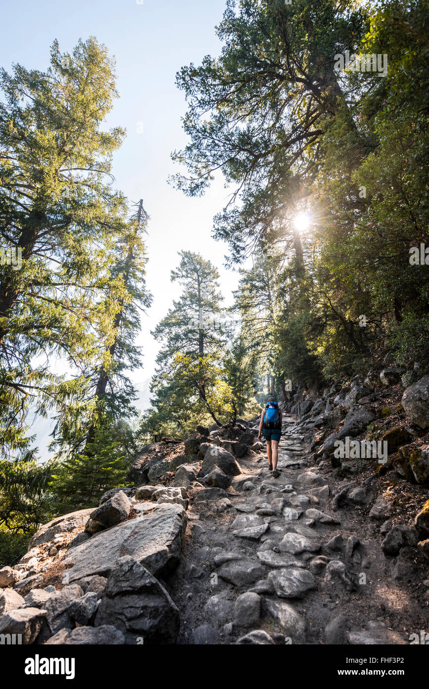 Wanderer, Frau Wandern an der John Muir Trail, Yosemite-Nationalpark, Kalifornien, USA Stockfoto