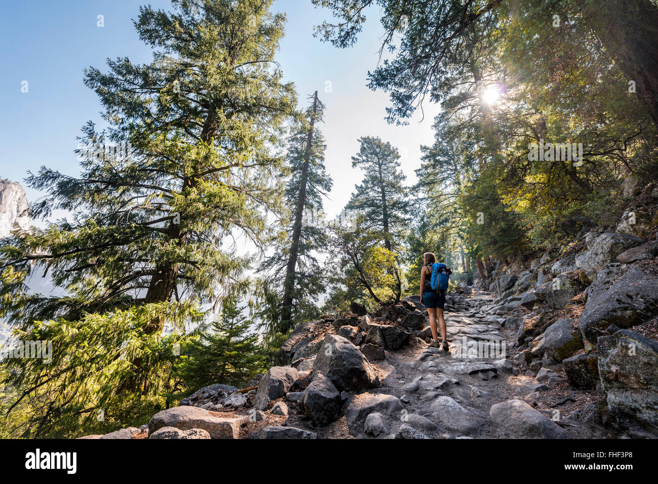 Wanderer, Frau Wandern an der John Muir Trail, Yosemite-Nationalpark, Kalifornien, USA Stockfoto