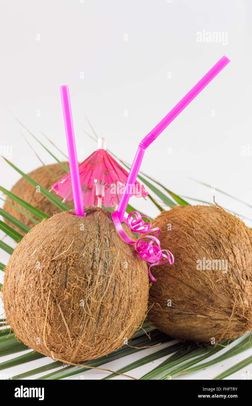 Frische Kokosnuss Cocktails mit cocktail Regenschirm auf Kokosnussblättern platziert Stockfoto