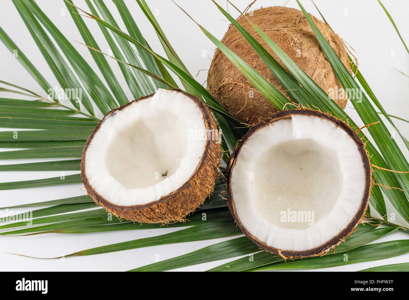 Halbierte und ganze frische Kokosnüsse mit Kokosnuss lässt Stockfoto