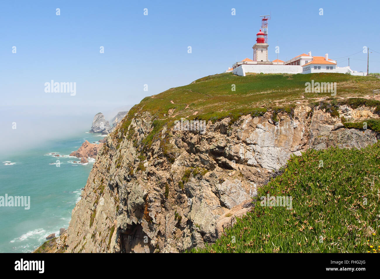 Cabo da Roca Klippen Leuchtturm. Extreme Westkap des europäischen Kontinents. Stockfoto