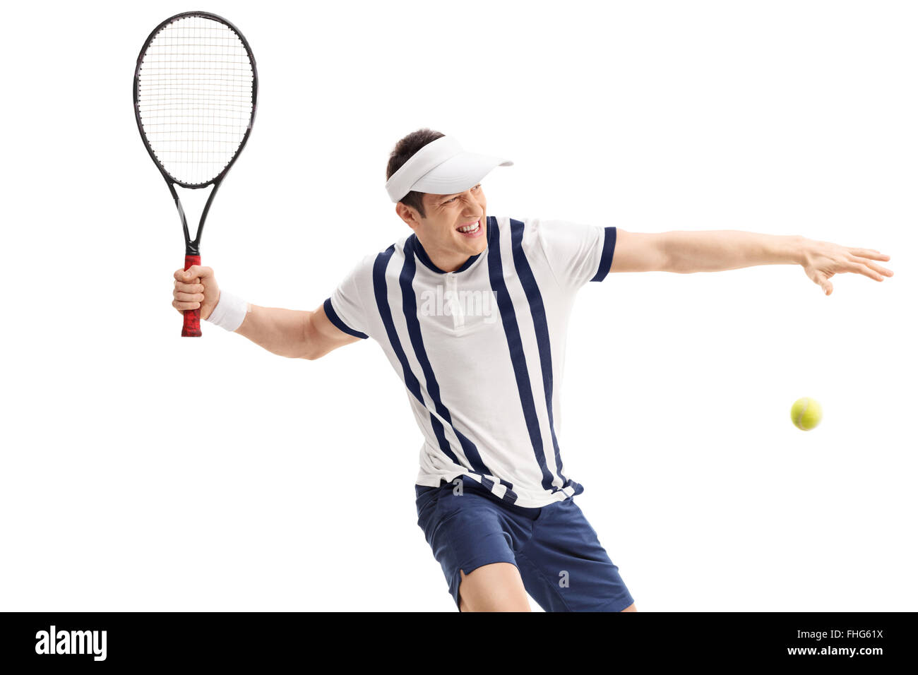 Junge Tennisspieler erschossen im Moment direkt vor schlagen eine Rückkehr isoliert auf weißem Hintergrund Stockfoto