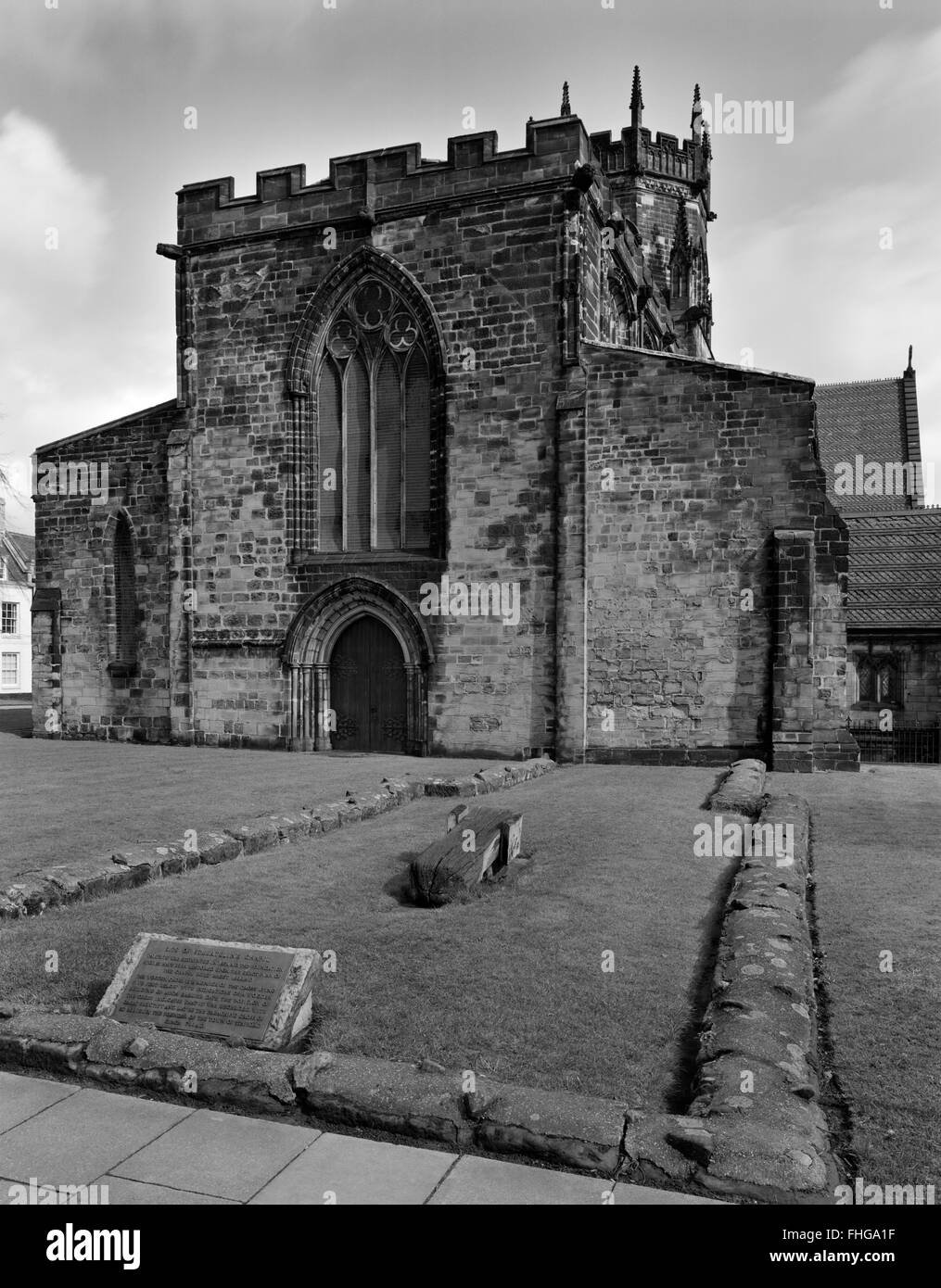 Plan des sächsischen Kapelle St Bertelin (c1000) am W Ende des St. Marys Kirche, Stafford mit Resten eines früheren Holzgebäude & Kreuz fand 5ft unten. Stockfoto