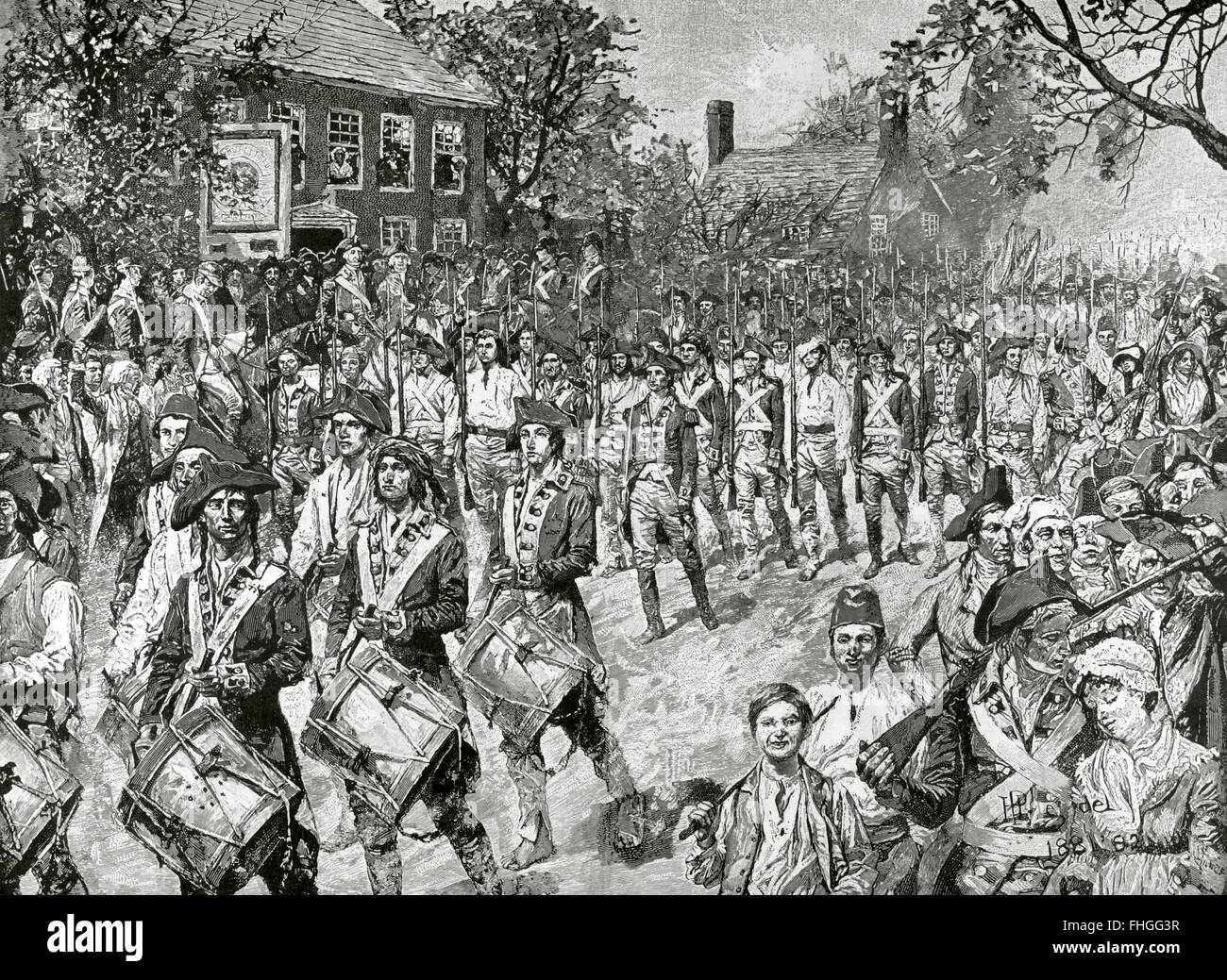 Amerikanischer Unabhängigkeitskrieg (1775-1783). Das Ende des Krieges. Die nordamerikanischen Aufständischen Armee marschiert in Richtung New York. Kupferstich von Howard Pyle. des 19. Jahrhunderts. Stockfoto