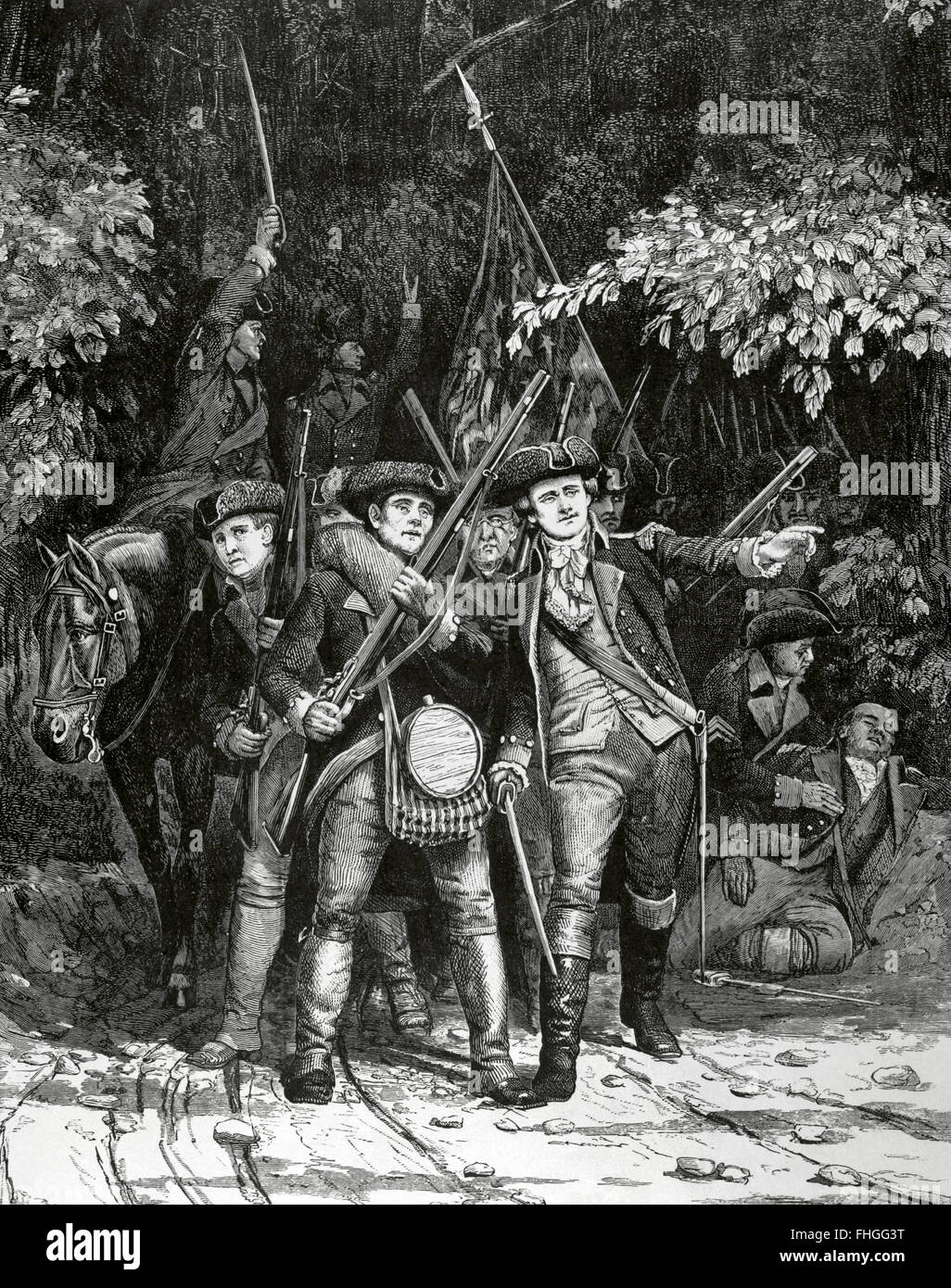 Amerikanischer Unabhängigkeitskrieg (1775-1783).  Amerikanische revolutionäre Soldaten. Kupferstich von Julian Scott in Harpers wöchentlich, 1876. Stockfoto