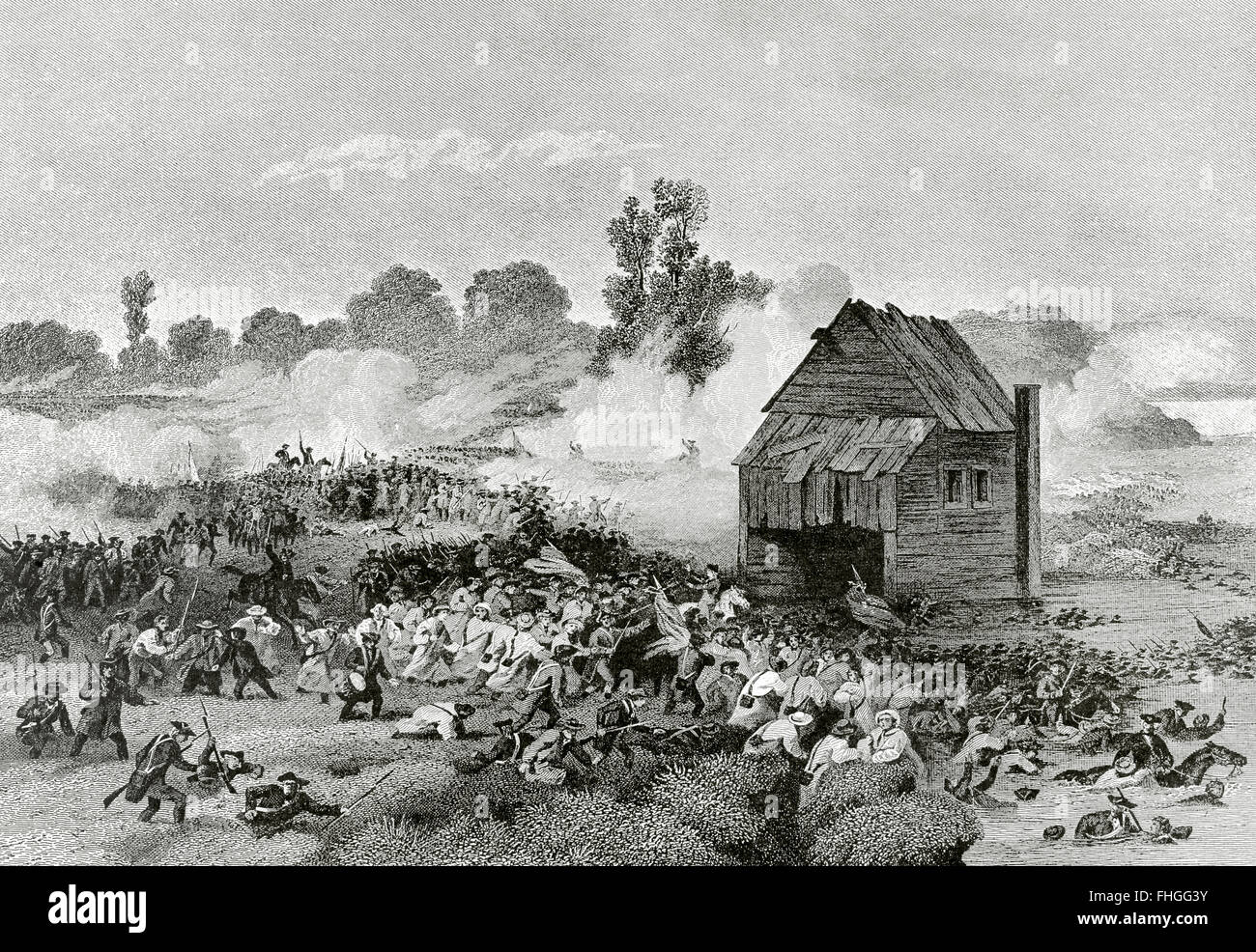 Amerikanischer Unabhängigkeitskrieg (1775-1783). Die Schlacht von Long Island oder Schlacht von Brooklyn (27. August 1776). Niederlage für die kontinentale Armee unter General George Washington. Kupferstich von Alonzo Chappel. Stockfoto
