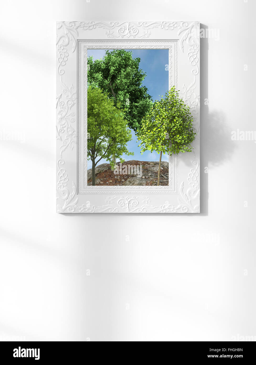 Grüner Baum aus Bilderrahmen, 3D-Rendering Stockfoto