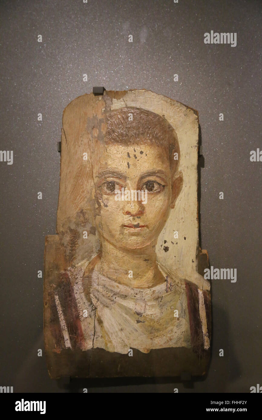 Mumienporträt. Tafelbild. Ein Junge. 2. Jahrhundert n. Chr. Antinoopolis, Ägypten. Römische Epoche. Louvre-Museum. Frankreich. Italien. Stockfoto