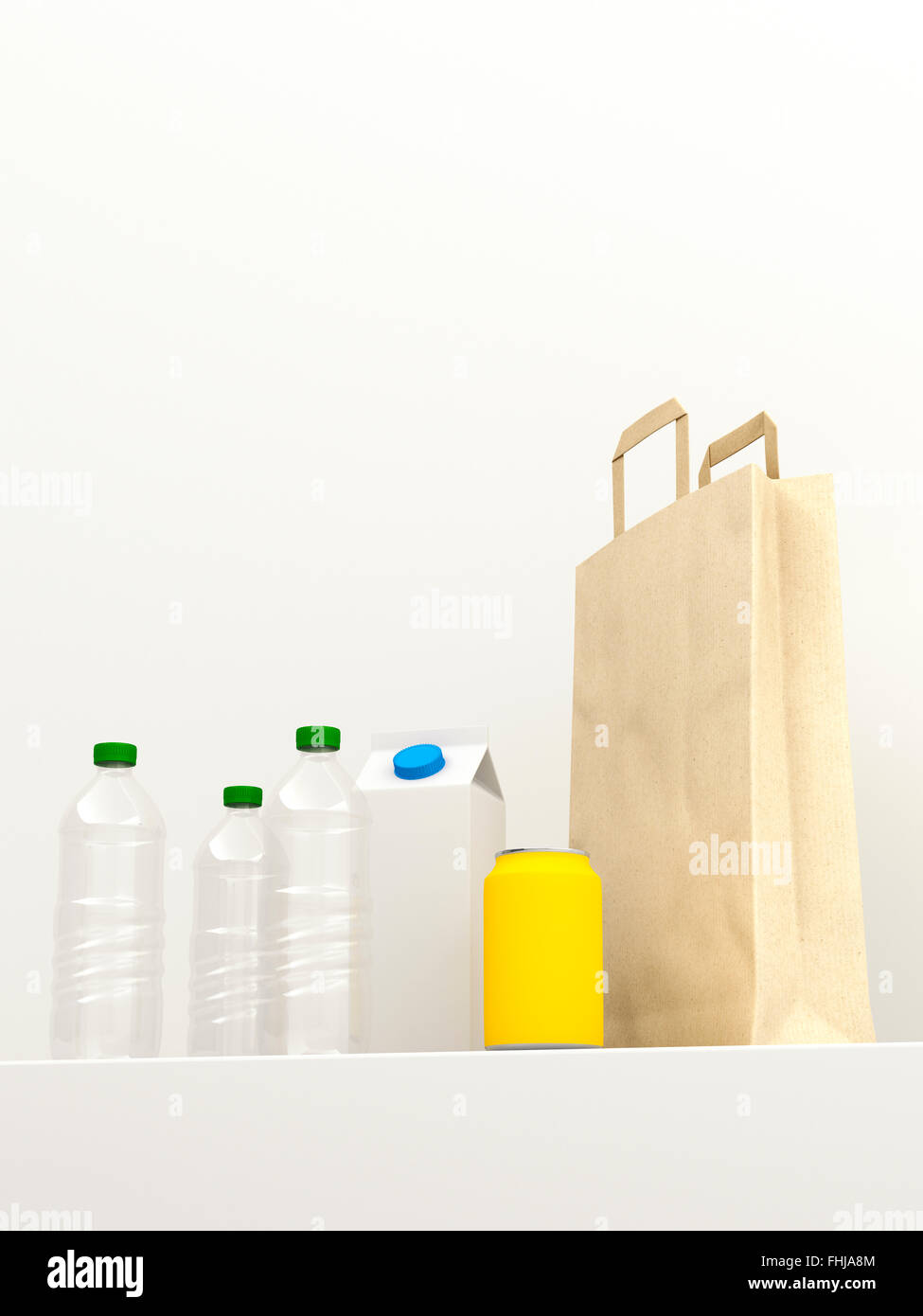 3D-Rendering, wiederverwendbare Kunststoffflaschen und Papiertüte vor weißem Hintergrund Stockfoto