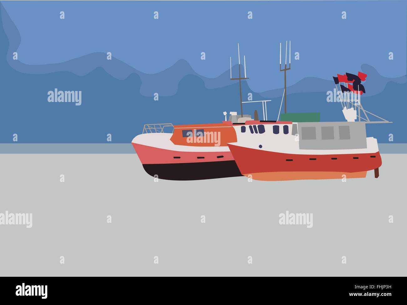 Angelboote/Fischerboote am Strand von schlechtem Wetter, Vektor, keine Steigung oder Deckkraft-Effekte Stock Vektor
