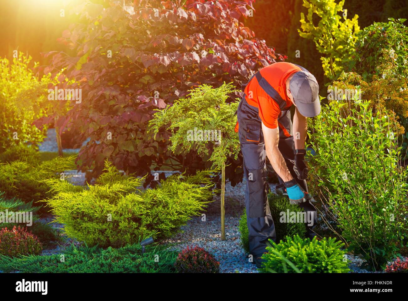 Gärtner Garten arbeitet. Kaukasische Gärtner bei der Arbeit. Schönen