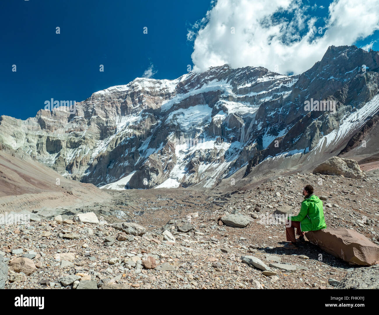 Eine Wanderung an der Plaza Francia, South Face des Aconcagua Stockfoto