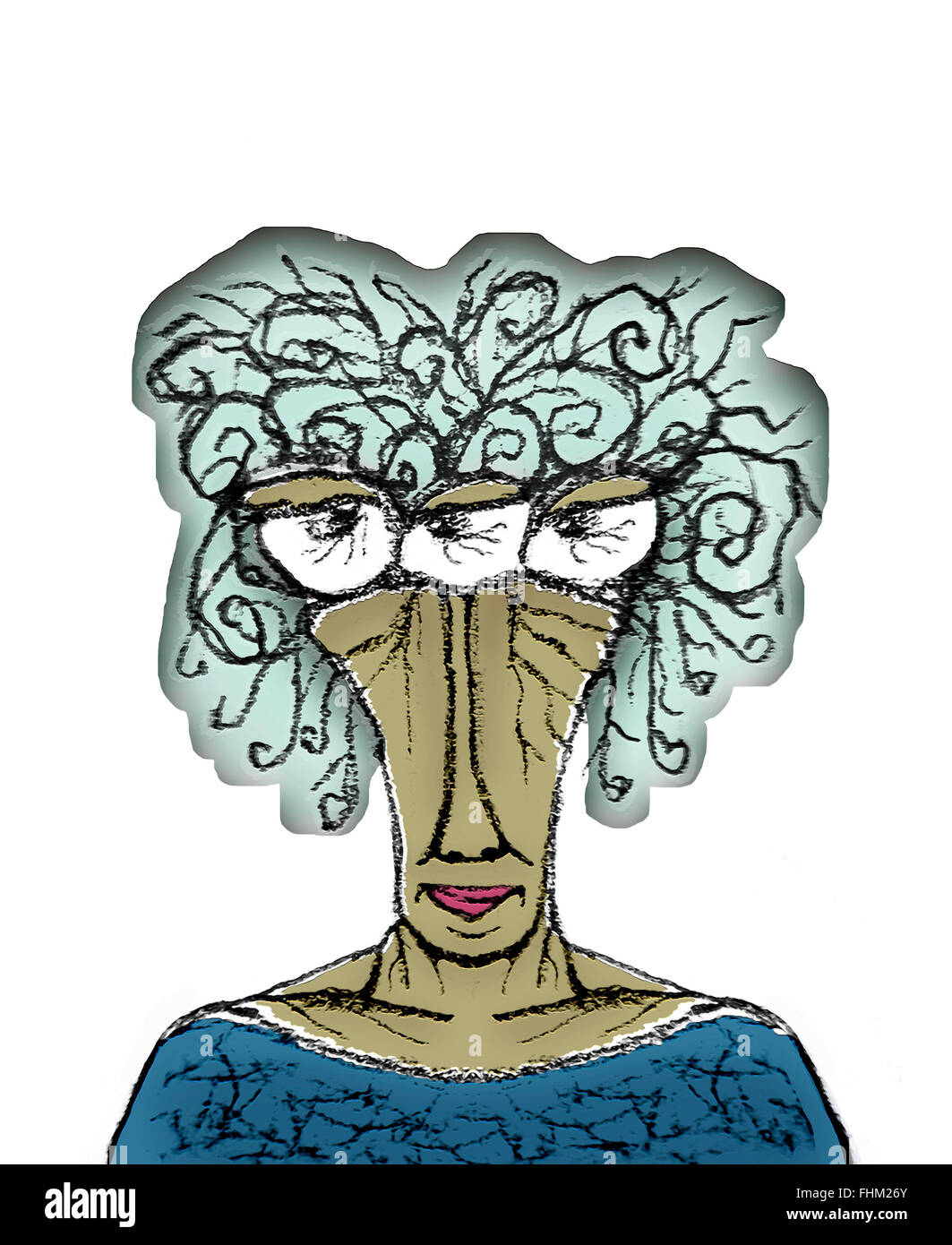 Vorderansicht Porträt Hand zeichnen Karikatur alien alte Frau mit gelangweilt oder wütenden Ausdruck in weißen Hintergrund isoliert. Stockfoto