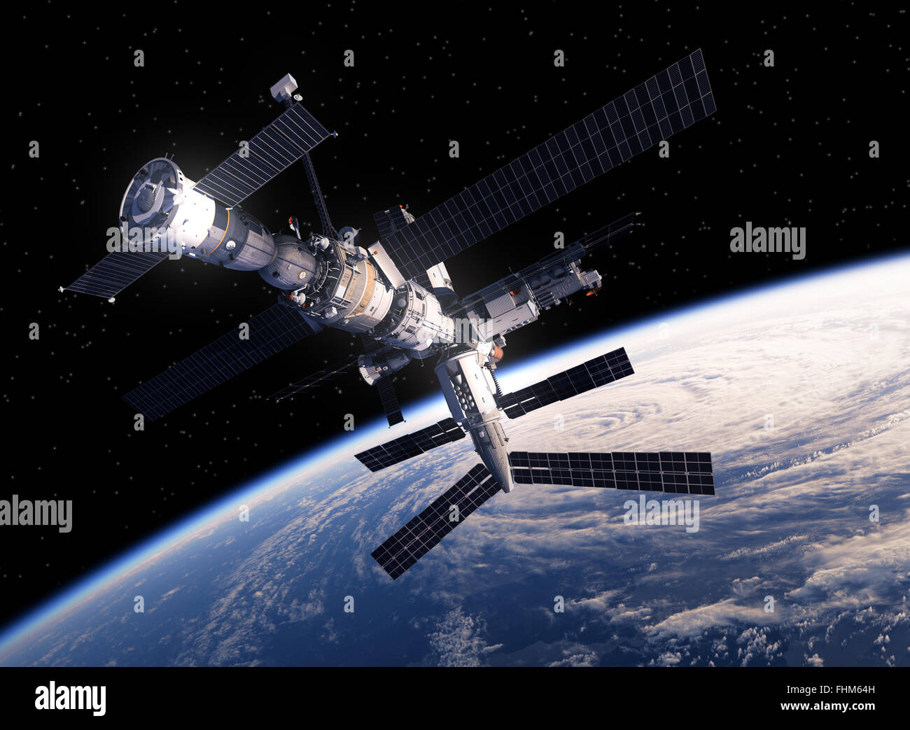 Internationale Raumstation im Orbit Earth. 3D Szene. Stockfoto