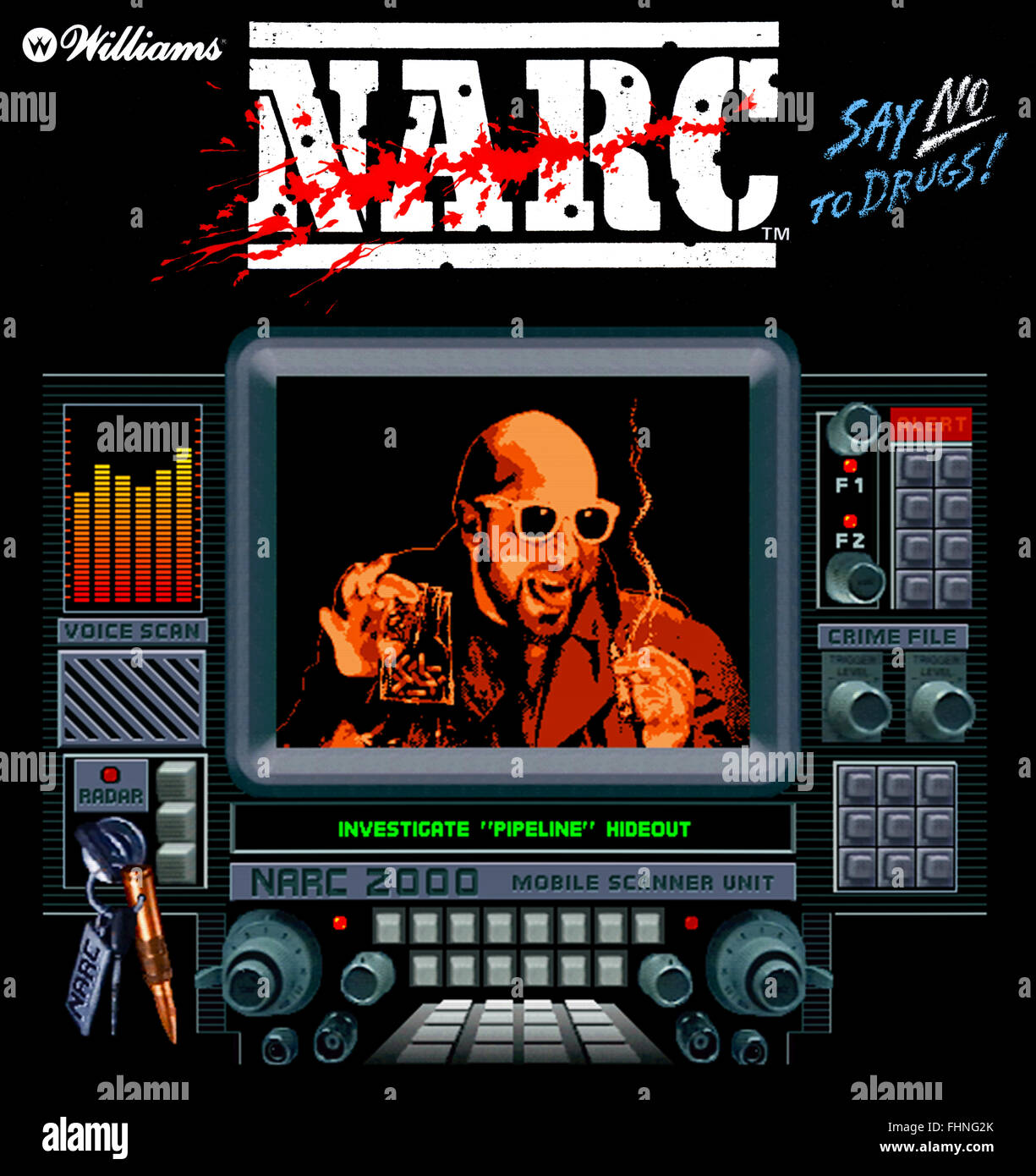 "Narc" Arcade-Spiel produziert von Williams in 1988 mit dem Anti-Drogen-Slogan "Sag Nein zu Drogen". Gezeigte Bild ist ein zusammengesetztes Bild zeigt Gameplay und der Arcade-Maschine Marke. Stockfoto