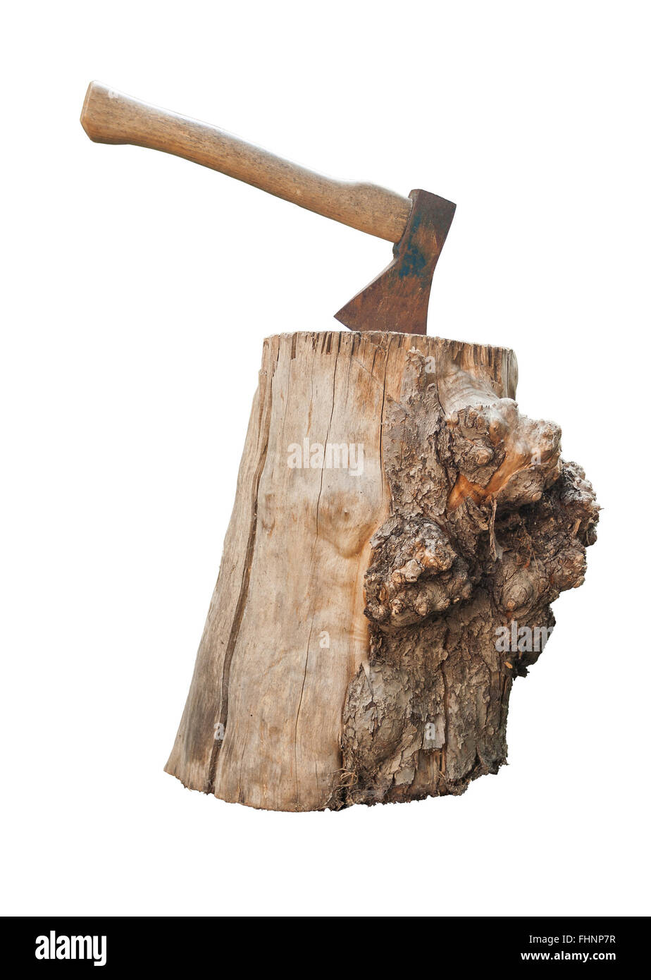 Axt mit Holzklötzen isoliert auf weißem Hintergrund Stockfoto
