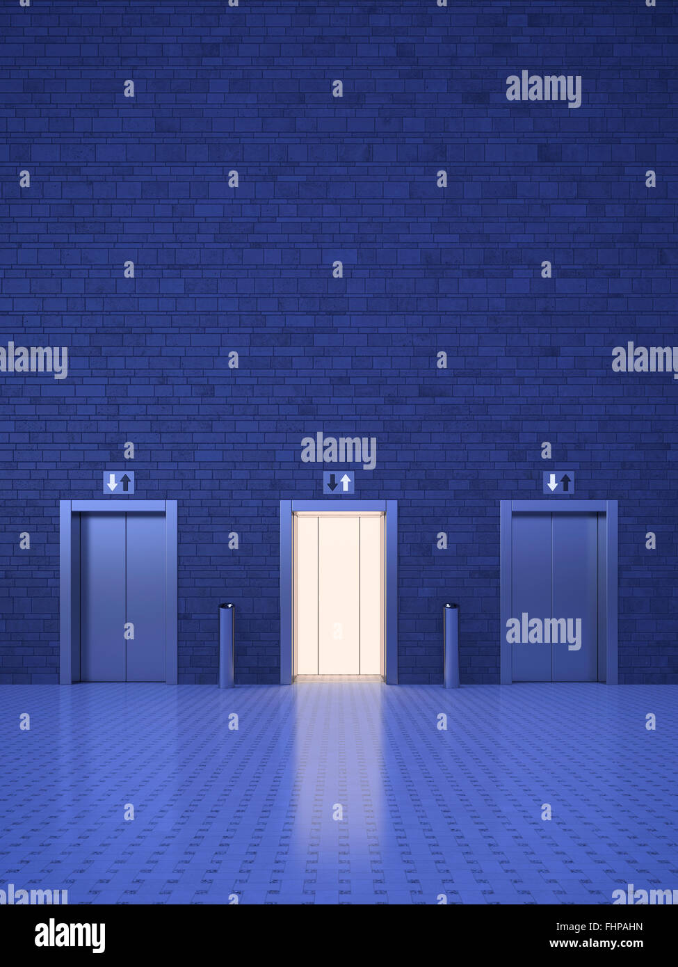 Aufzüge, blaue Beleuchtung Stimmung, offene Tür, verschiedene Richtungen Stockfoto