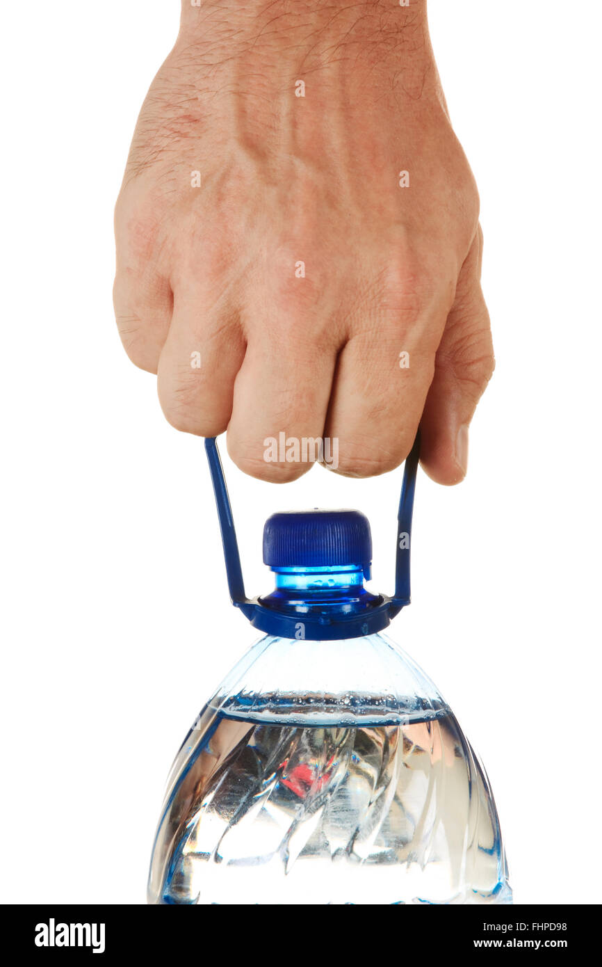 Flasche Wasser in der hand Stockfoto