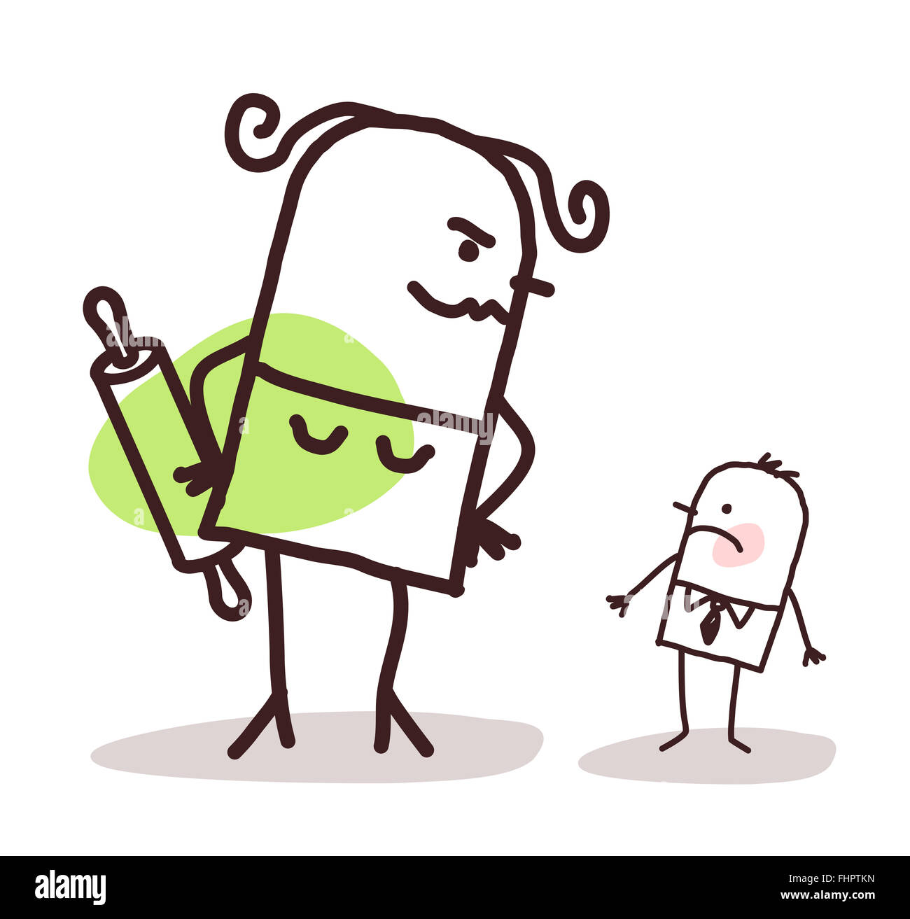 Cartoon große böse Frau gegen einen kleinen schüchternen Mann Vektor Stockfoto