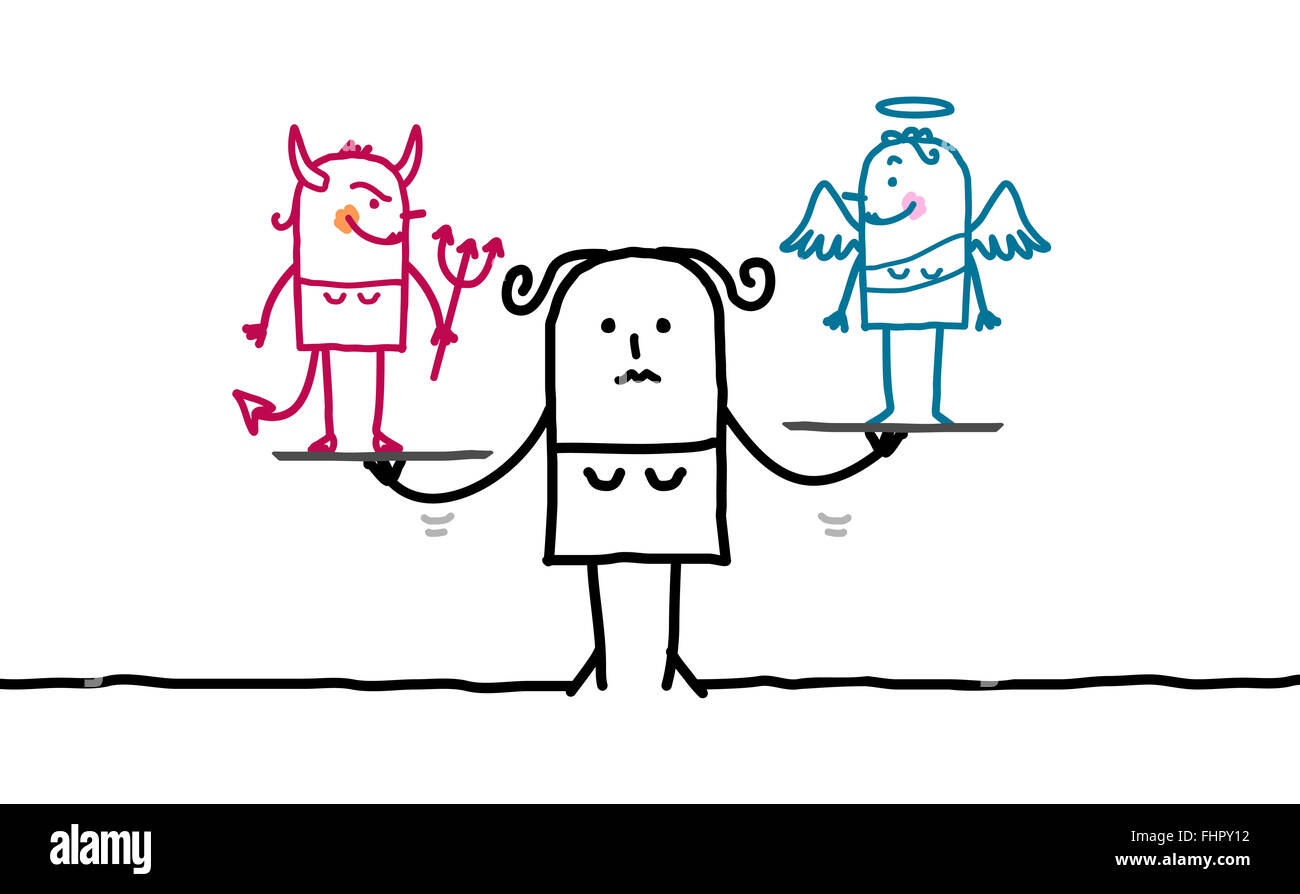 Cartoon-Mädchen zwischen Teufel und Engel Stockfoto