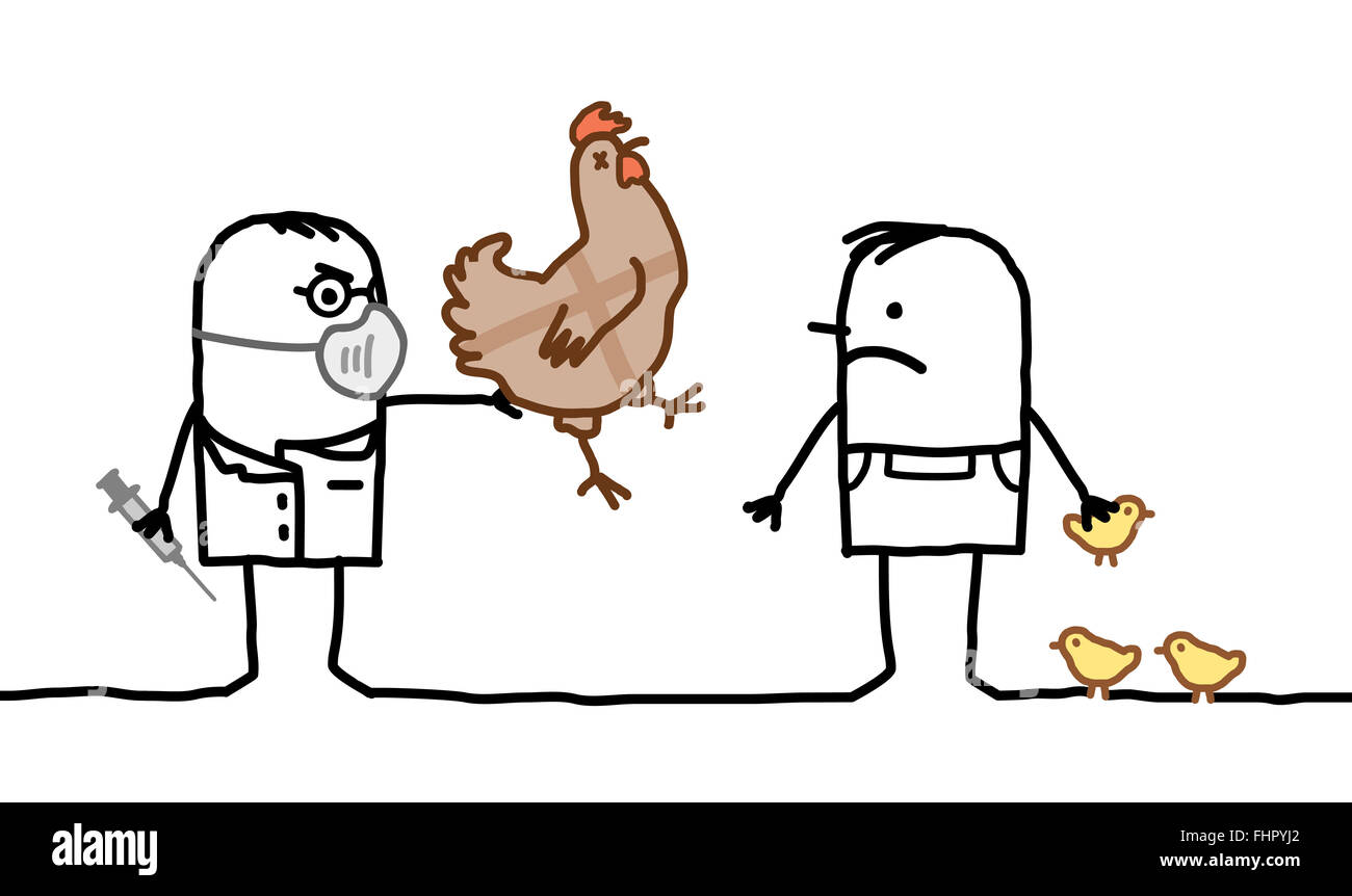 Vector Cartoon Arzt & Mann mit Kranken Huhn und Vogelgrippe Stockfoto