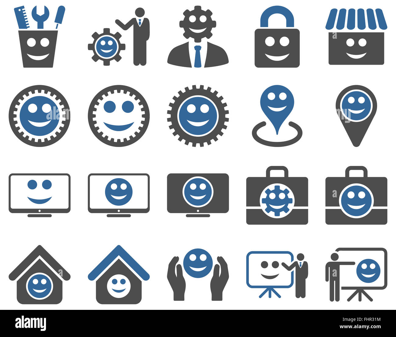 Werkzeuge, Zahnräder, Lächeln, Management-Symbole. Stockfoto