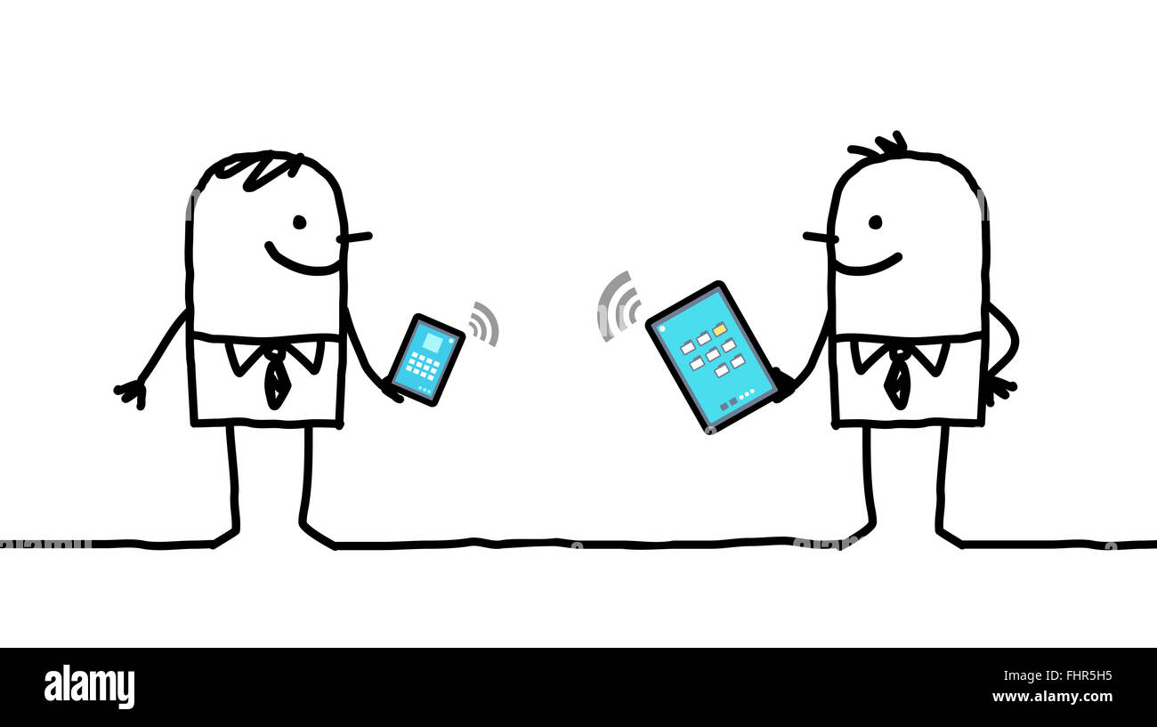 Cartoon-Geschäftsleute, die im Zusammenhang mit digitalen Tablet und Smartphone Stockfoto