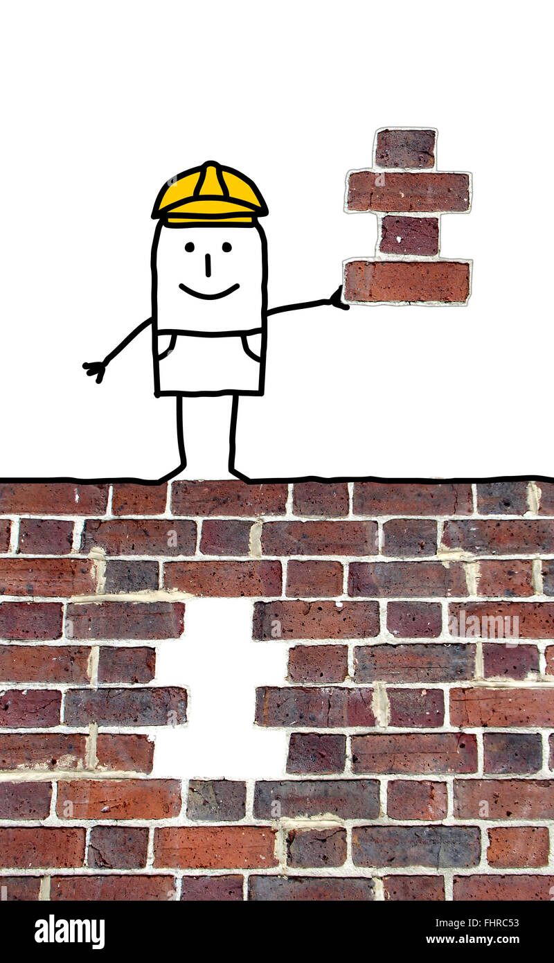 Cartoon-Vorarbeiter hält ein fehlendes Stück für eine Wand Stockfoto