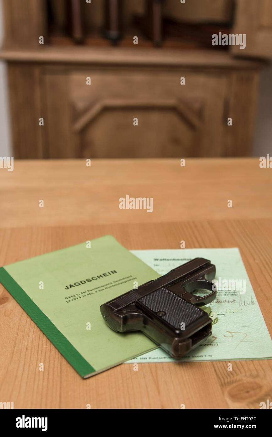 Jagd-Lizenz, Lizenz, Pistole und Gewehr Stockfoto
