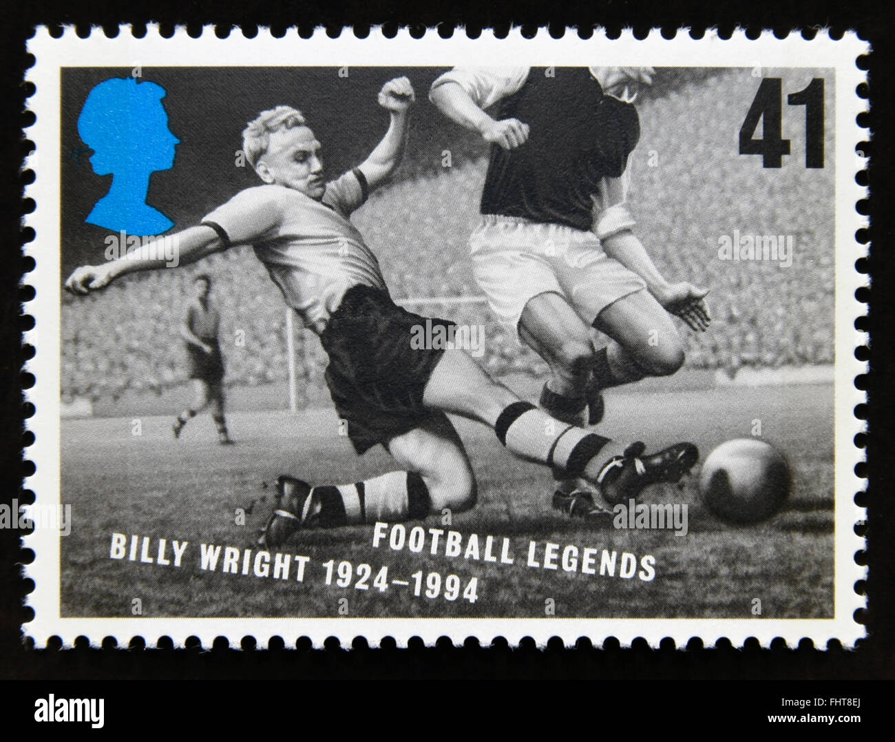 Briefmarke. Great Britain. Königin Elizabeth II. 1996. Fußball-Europameisterschaft. Fußball-Legenden. Billy Wright. 41p. Stockfoto