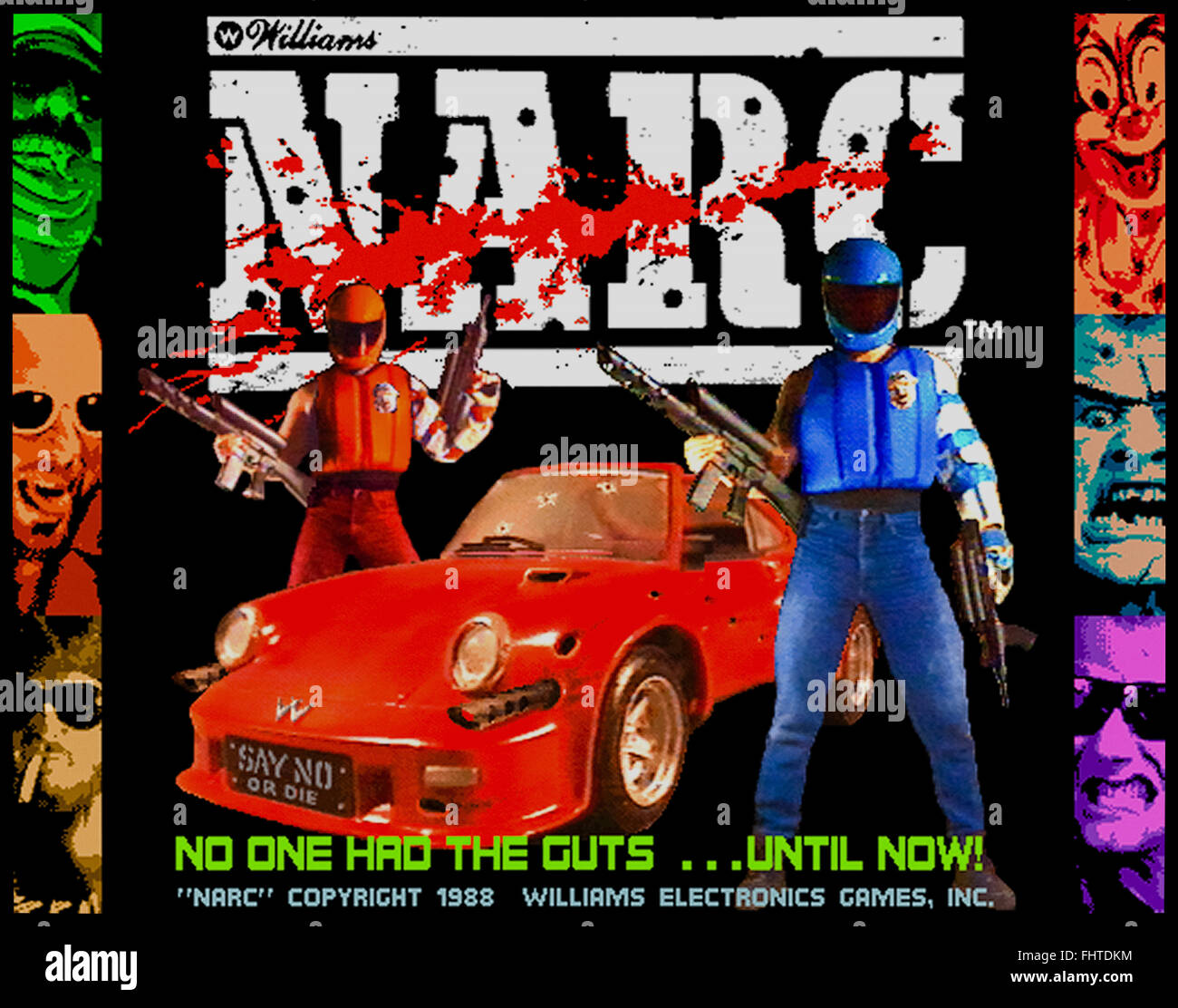 "Narc" Arcade-Spiel Titelbildschirm, produziert von Williams im Jahr 1988 eine heftige Darstellung des Krieges gegen die Drogen "Sagen Nein zu Drogen" Slogan auf dem Arcade-Maschine Festzelt und das FBI "Gewinner nicht Drogen" Splash-Screen mit. Stockfoto