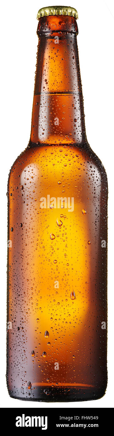 Kalte Flasche Bier mit kompensierten Wasser Tropfen drauf. Datei enthält Beschneidungspfade. Stockfoto