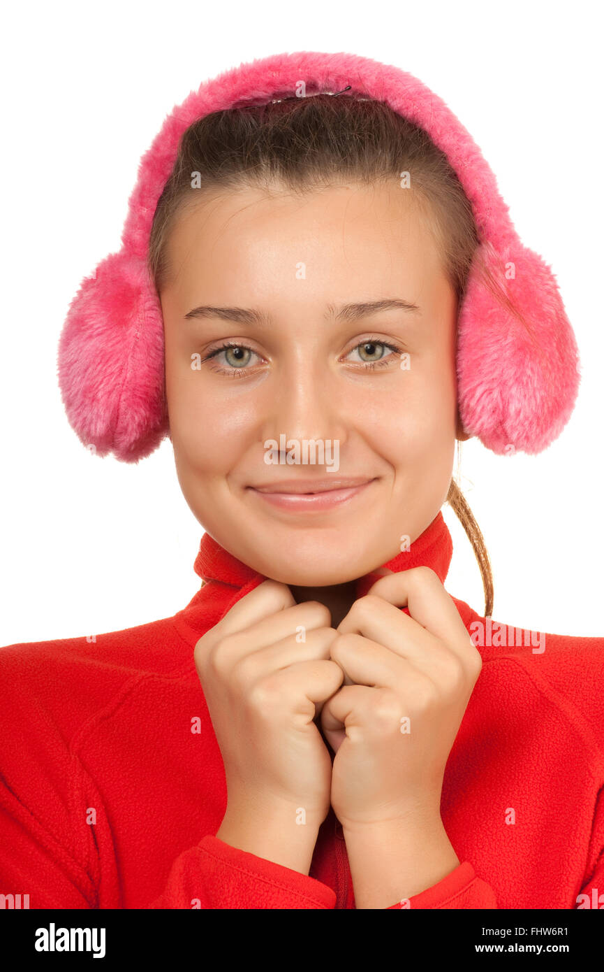 glückliches Mädchen Teen in pink Kopfhörer Stockfoto